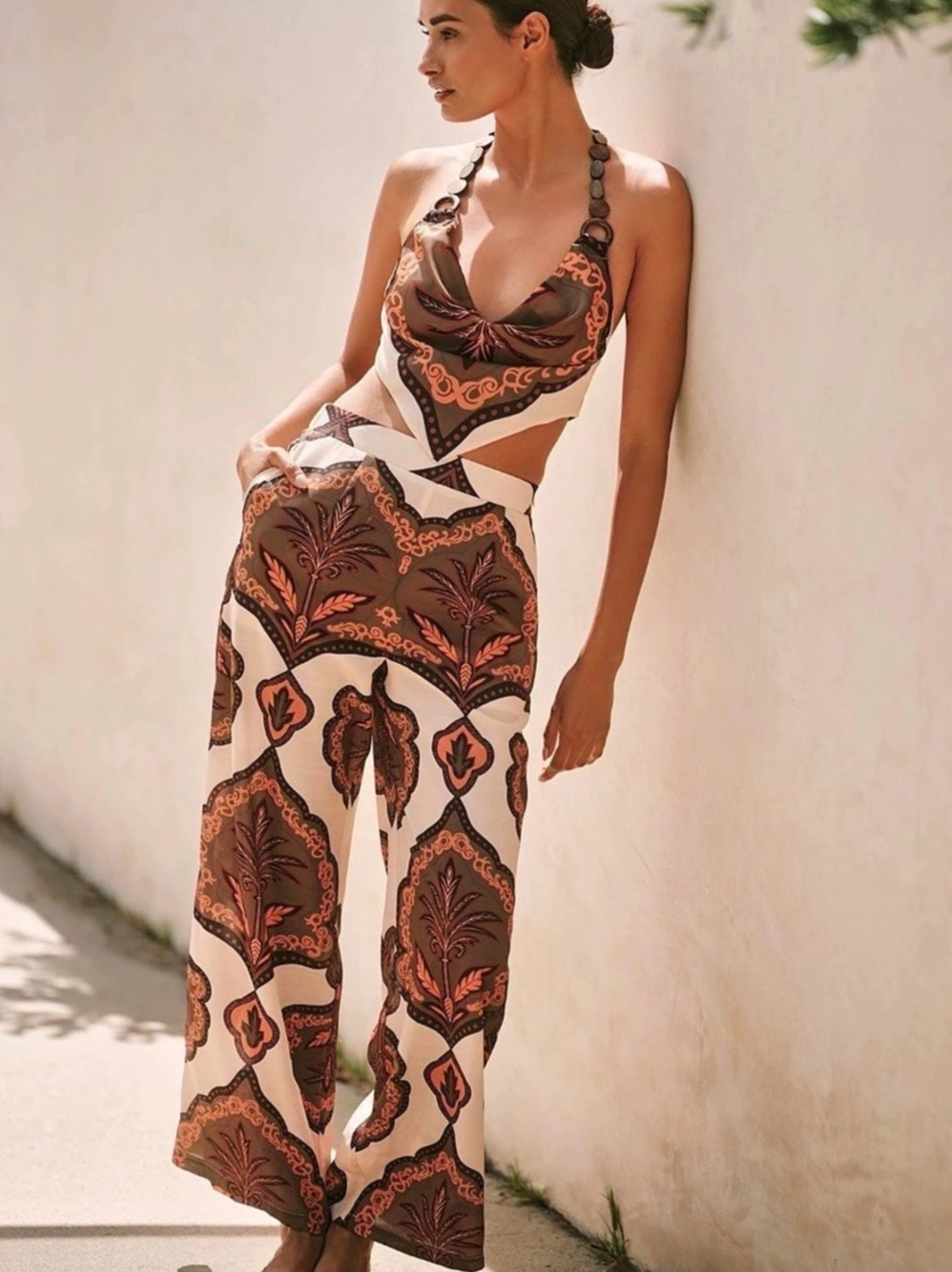Printed Wide Leg Pants in Brown & White Like New